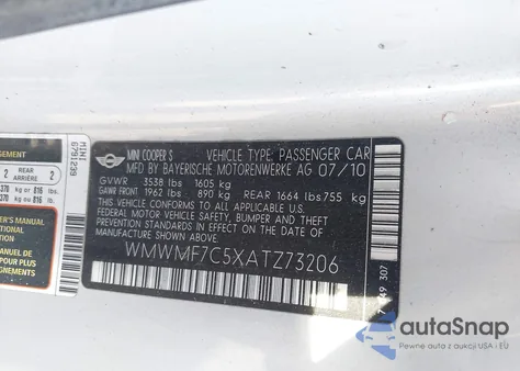 2010 Mini Cooper S из США, поврежденный, VIN WMWMF7C5XATZ73206